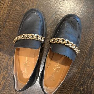 Jessica Simpson Black Loafers with Gold Chain